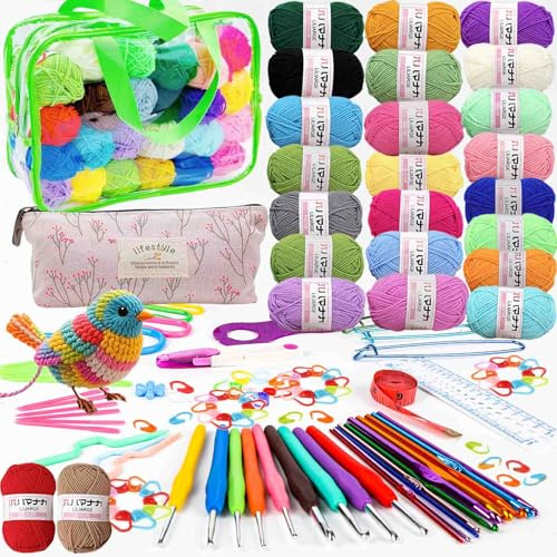 LuckyLee Crochet Kit for Beginners, 24 * 25g Acrylic Yarns Set for Crocheting, Knitting Wool Yarn Bag Kit,122pcs Crochet Accessories Set Including Ergonomic Hooks, Knitting Needles (H-Green)