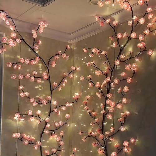 Lámparas LED de Rama de Árbol para Pared | Enredadera de Sauce con Flores Rosas Decoración de Ramas Guirnalda - 8 Modos Decoración Interior para Hogar Sala Dormitorio Ventana Boda Puerta Pared