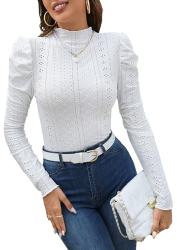 GORGLITTER Damen Body Elegant Bodysuit mit Öse Stehkragen Bodys Puffärmeln Oberteil Einfarbig Damenbody Trachtenbody Festival Outfit