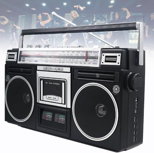 Boombox à cassette portable, lecteur CD rétro classique de style années 80, prise en charge de l'entrée SD/USB, avec radio AM/FM, enregistreur de pour les réunions de famille et les voya(Color:noir)