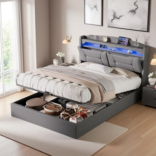 Zorvani Boxspringbett 140x200 cm, Doppelbett mit Stauraum, LED Polsterbett mit USB & Kopfteil, Hydraulisches Stauraumbett, Jugendbett, Bettgestell mit Lattenrost, ohne Matratze, Leinen, Grau