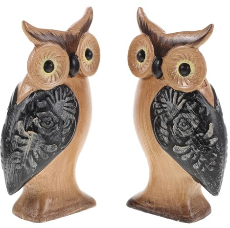 HOOTNEE Figuras Decorativas Robustas y Ligeras 2 Piezas de Madera Marrón de Búho Estilo Artístico Único para Jardines de Hadas y Salones