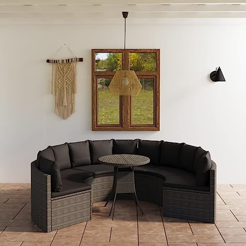 LoogCape Ensemble de canapé de jardin 7 pièces en polyrotin gris, avec coussins rembourrés épais, design en forme d'éventail, ensemble de salon d'extérieur robuste pour terrasse, balcon et jardin