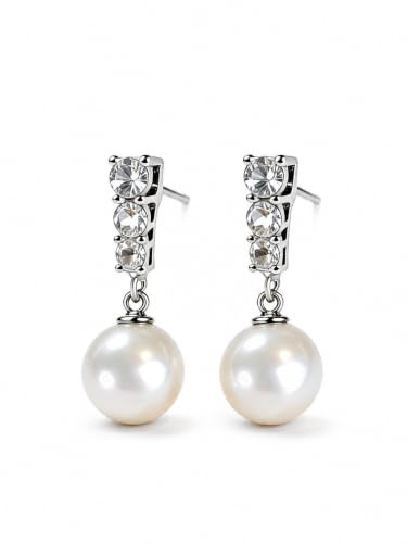Pearl Drop Earrings for Women – 10mm Round White Pearl Earrings with Cubic Zirconia Bar, 925 Sterling Silver Hypoallergenic Dangle Earrings - Presented in Elegant Gift Box, Gift Jewellery for Women