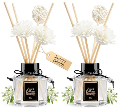TonJin Raumduft Stäbchen 2er Set (2 x 50ml) – Reed Diffuser mit 6 Rattanstäbchen – Langanhaltender Lufterfrischer & Badezimmer Deko – Premium Raumduft für Wohnung, WC & Büro – Jasmin