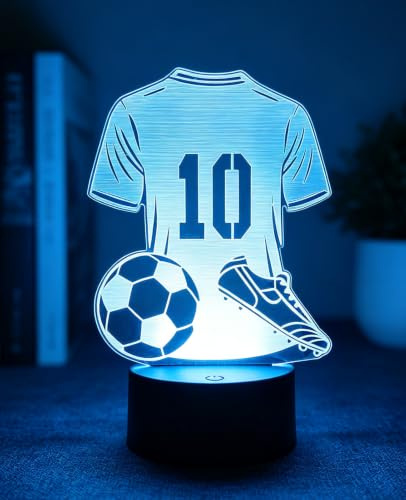 Lampe 3D Illusion Football, Veilleuse LED tactile 7 couleur, Cadeau Garçon | Alimentation USB ou piles, idée cadeau anniversaire Noël pour garçon 6‑12 ans, motifs ballon, maillot, chaussure