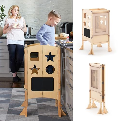 Guidecraft Classic Kitchen Helper - Natural: Adjustable Height, Folding Step Stool For Little Kids, Toddler Safety Cooking Tower with Write-on Wipe-off Message Boards. Kids Learning Furniture