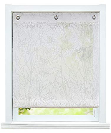 ESLIR Raffrollo ohne Bohren Weiß Raffgardine mit Ösen Gardinen Küche mit U-Haken Ösenrollo Modern Zweige Muster BxH 100x140cm1 Stück