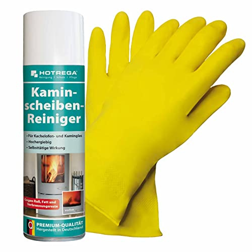 HOTREGA Kaminscheibenreiniger 300ml | Aktivschaum gegen Ruß & Rauchharz | Inklusive NITRAS Handschuhe | Reinigt Kaminglas selbsttätig | Für Ofenglas, Metall & Kunststoff | Streifenfreie Sauberkeit