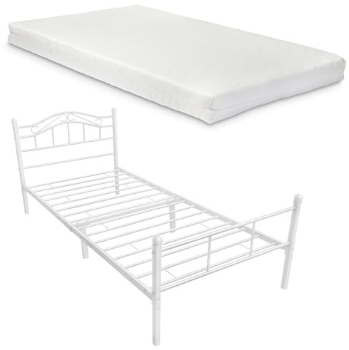 [en.casa] Metallbett Florenz 120x200 Weiß mit Lattenrost und Matratze Jugendbett Bett Metall Bettgestell