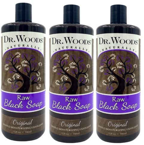 Dr. Woods Raw Liquid Black Soap, Body Wash for Men and Women, Gentle Exfoliant, Natural Cleanser for Face, Hands, and Body - 32 Fl Oz, Pack of 3