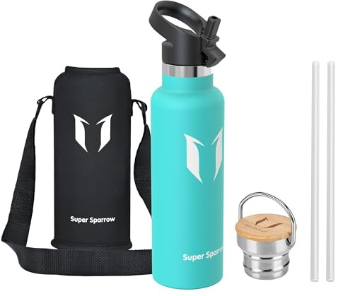 Sparrow Edelstahl Trinkflasche- 0.5L/0.75L/1L- Thermosflasche mit Strohhalm | Wasserflasche Auslaufsicher, Thermoskanne BPA-Frei & Kalt & Heiß - TwistTrail mit Trinkhalmdeckel, Ringdeckel &Sleeve