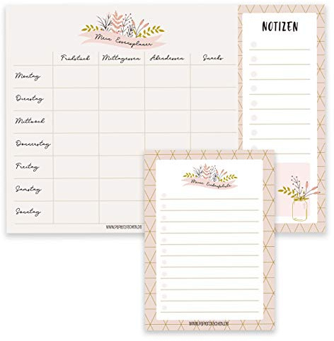 Papierdrachen Essensplaner Mealplaner und Einkaufsliste als Notizblock - Menüplanung leicht gemacht in DIN A4 und DIN A6 - Wochenplaner mit Blumenmuster - Ideal für den Haushalt - Set 13