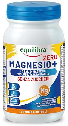 equilibra, Magnesio+ Zero, Integratore Magnesio, Barattolo 200 g, Magnesio Carbonato, Bisglicinato e Pidolato, Solubilità Istantanea, Riduzione Stanchezza e Affaticamento, Senza Aromi, Senza Glutine