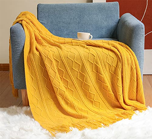 Hayisugal Wohndecke Boho Decke Weich Strick Wolldecke mit Quaste Kuscheldecke Sofadecke Couch Decke Überwurfdecke, Gelb, 130 x 150cm