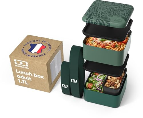 MONBENTO - Gross Bento Box MB Square Jungle mit Fächern Made in France - Auslaufsicher Lunchbox Perfekt für Büro/Meal Prep/Schule - BPA Frei - Lebensmittelecht - Natur Muster - Grün