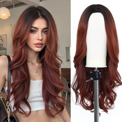 Esmee Ombre Rot Braun Perücken für Frauen Synthetische Hitzebeständige Faser Natürliche Lange Welle Perücken für Tägliche Partei Cosplay Tragen