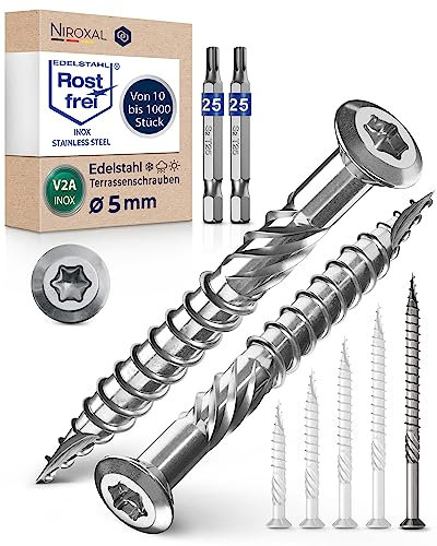 Viti a testa bombata per terrazze, 5 x 80, in acciaio inox A2, viti a testa bombata Torx, spessore 5 mm, 500 pezzi, viti per legno Torx, lunghezza 80 mm, con 2 punte Torx