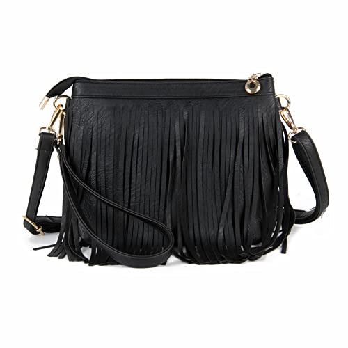 Fecialy Umhängetaschen aus Leder mit Fransen für Damen, Umhängetasche, Messenger-Taschen mit Handschlaufen,Schwarz