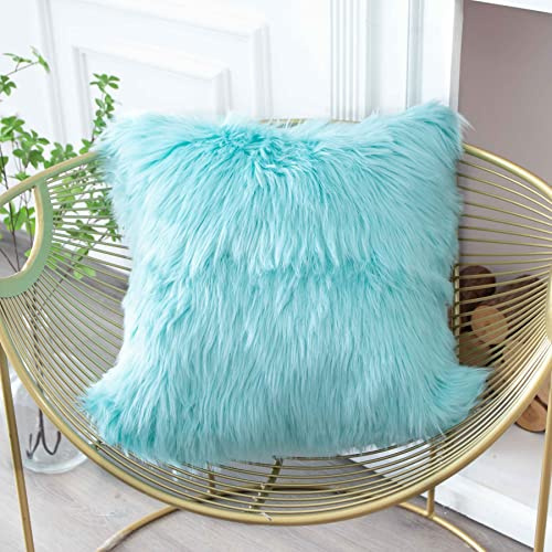 LIGICKY Kunstfell Kissenbezug Einfarbig Plüsch Weich Künstlich Pelz Throw Kopfkissenbezug Kissenhülle Dekorative Quadrat Kissen Dekokissen für Sofa Schlafzimmer Auto, 60 x 60 cm Blau