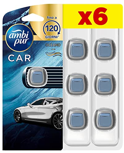 Ambi Pur Profumatore Auto, 6 Deodoranti Auto, Fragranza Oceano, Elimina Odori, Fino a 30 Giorni di Profumo per Deodorante, Facile da Agganciare