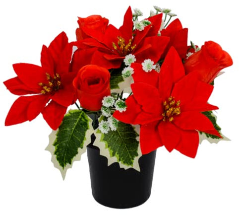 Piccola disposizione di fiori artificiali di Natale in vaso di Natale rosso stella di Natale e decorazione in oro commemorativa tomba crema cimitero crema disposizione vaso