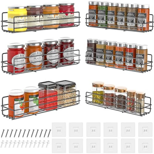 DIFULI Gewürzregal Wandregal 6er, Stainless Steel Ohne Bohren Gewürzregal Hängend mit Klebebändern für Schranktür,Küche, Deco, Arbeitsplatte, Inkl Befestigungs-Tools