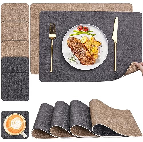 Myir JUN Tischsets Abwaschbar und Untersetzer 6er Set, Platzsets Abwaschbar Doppelseitig Bedruckt Kunstleder Schmutzabweisend & rutschfest, Platzdeckchen Abwischbar mit Lederoptik für Esszimmer