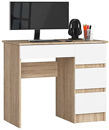 AKORD Schreibtisch A7 90 cm | 4 Schubladen Rechts | Computertisch | Für Zuhause | Für das Büro | Für die Arbeit | B90 x H77 x T50 cm | Gewicht 30,50 kg | Sonoma Eiche/Weiß