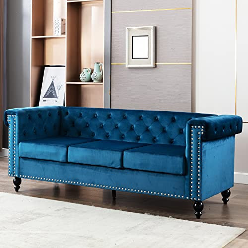 RETRIN Sofas Couche,Sofa 3 Sitzer,Sofa Samt 3 Sitzer Couch für Wohnzimmer mit edler Knopfheftung und typischen Armlehnen Holzgestell,Metallbeine,Modernes Design,206 x 75.5 x 77 cm,Blue