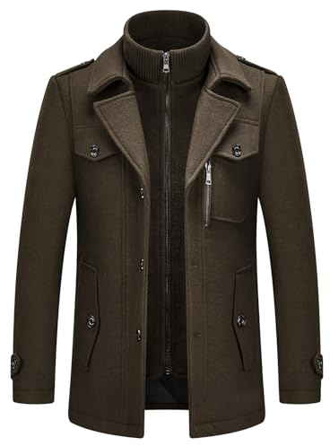 KUDORO Men's Winter Coat Warm Padded Casual Overcoat With Removable Collar | Wool Blend Casual Business Thick Peacoat Mid-Length Jacket with Multi Pockets Dual-Layer Knit Mock Neck Outerwear