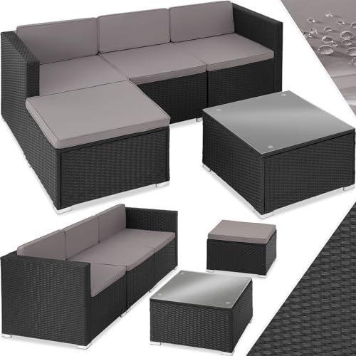 tectake® Poly Rattan Lounge, Outdoor Sitzgruppe, Set mit Sofa Sessel, Hocker, Tisch, frei kombinierbar, Sitzecke für 3-4 Personen, Möbel wetterfest für Garten Terrasse Balkon - schwarz