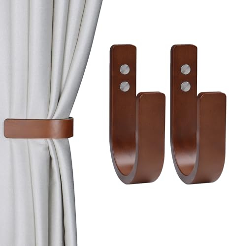 OCIOLI 2 Set Curtain Tiebacks & Holdbacks - Natural Wood Wall-Mounted U-Shaped Hooks with Stainless Steel Screws, Durable Curtain Tie Backs, Pull Backs for Drapery & Window Decor (Coffee, 2)