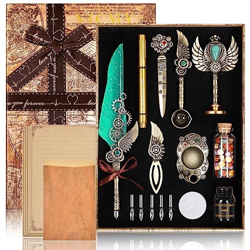 YICMY Kalligraphie Set, Schreibfeder Kaligraphiestifte Set Vintage Federstift Tinte Set mit 8 Briefpapier, Antique Stationery Gift for Handwriting Lover