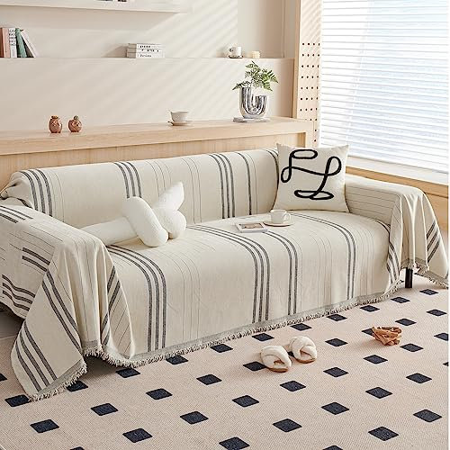 DREAMINGO Couchbezug, wendbar, Chenille, 3-Sitzer, Sofabezüge für Hunde, Haustiere, Beige-Grau, Couchschutz für 3 Kissen, Couch, Sofa, vertikale Streifen, Jacquard-Sofa-Schonbezug, Abschnitt, 180,3 x