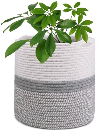 Tenn Well 30 cm Blumentopf mit Einsatz, Baumwolle, Innen-Pflanzgefäß, gewebter Aufbewahrungskorb für Zimmerpflanzen, Blumentopf und Heimdekoration (Weiß und Grau)