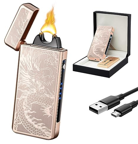 SKRFIRE Elektrisches Winddicht Flame Elektrisches Feuerzeug Plasma Lichtbogen Feuerzeugs Wiederaufladbar USB Feuerzeug mit Batterieanzeige (Goldener Drache)