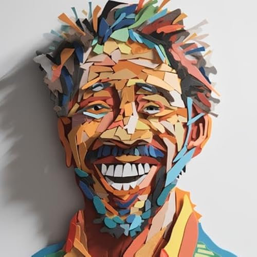 adrium Acryl-Bild 100 x 100 cm: Das Gesicht eines Mannes ist mit bunten Papierapplikationen auf weißem Hintergrund bemalt. (203854872)