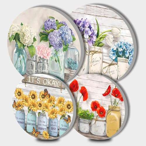 Tucocoo Abdeckhauben für Elektroherd, Stillleben, Blumenmuster, Set mit 4 runden Herdbrennerabdeckungen, 20 cm und 25 cm, Gasherdbrenner-Abdeckungen, Metallherdbrenner-Abdeckung, Vase, Blumen