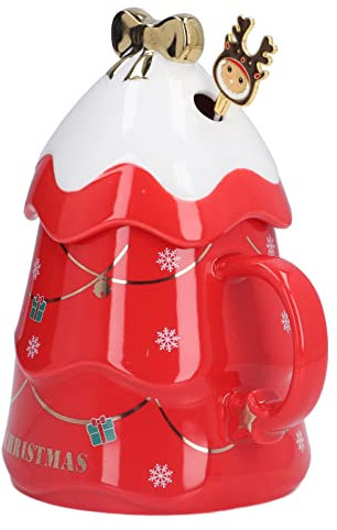 Weihnachtstasse, 500 ml, große Kapazität, Weihnachtsbecher, Keramik, Tee, Milch, Tasse mit Deckel, Löffel Zuhause, Urlaub, Geschenke (roter Rührlöffel mit Deckel)
