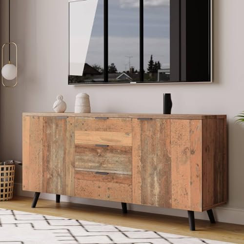 Sweiko Sideboard,TV-Schrank mit Verstellbaren Regalen, Vertikaler Schrank Kommode mit DREI Schubladen, Multifunktional Aufbewahrungsschrank für Wohnzimmer, Esszimmer und Schlafzimmer