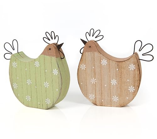 Hühner Paar zum Hinstellen, 2 Stück: Holz Huhn Deko Frühling & Ostern, Frühlingsdeko, Osterdekoration Rustikal, Dekohuhn Figuren Klein, Osterdeko Natur Grün, Holzhühner Tisch & Fensterbank, 12,5 cm