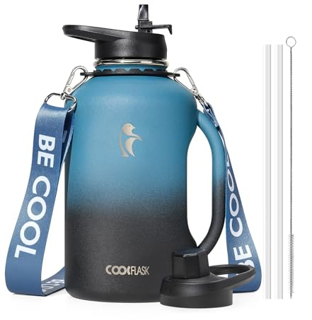 Coolflask - Botella de agua de 64 onzas aislada con asa, jarra de agua de medio galón con pajilla de acero inoxidable de doble pared al vacío, termo grande a prueba de fugas, mantiene el frío 48 horas