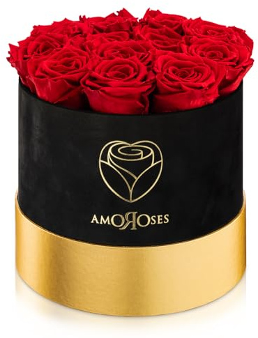 Amoroses Special Velvet - 12 Rose Stabilizzate Vere in elegante cappelliera di velluto - Idea Regalo per San Valentino e Altre Occasioni Speciali (Scatola Velluto Nero con Rose Rosse)