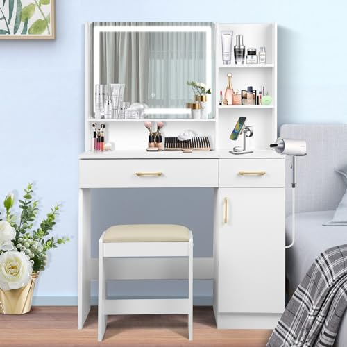 QUALIKRAFT Widescreen Vanity Set with LED Mirror & Stool, Makeup Desk with Built-in Power Outlet, 2 Drawers & 6 Shelves, Wide Lighted Dressing Table