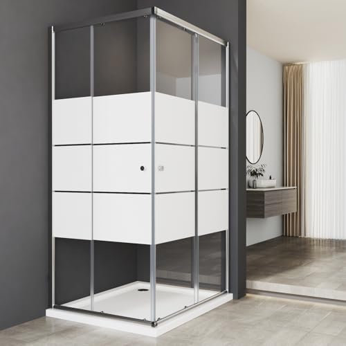Duschkabine Eckeinstieg Duschkabine 100 x 80 cm Milchglas Eckeinstieg Doppel Schiebetür 6mm ESG Milchglas Streifen Duschabtrennung Duschwand Höhe 185 cm