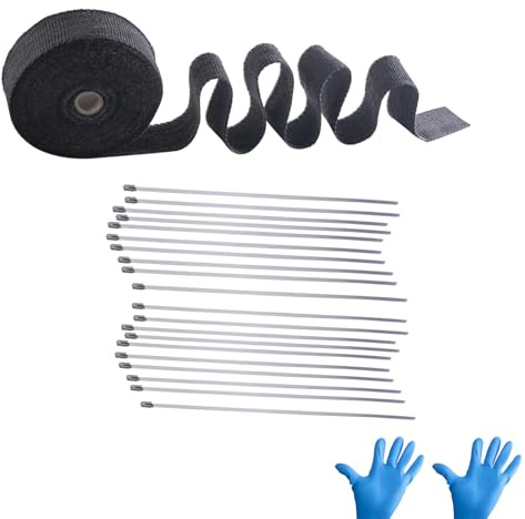 TIOMIOSEA Hitzeschutzband 15m,Auspuff Hitzeschutzband (1.5mm*50mm) mit 20pcs Edelstahl Kabelbinder für Motorrad Fächerkrümmer Krümmerband Thermoband Hitzeschutz Krümmer Schwarz