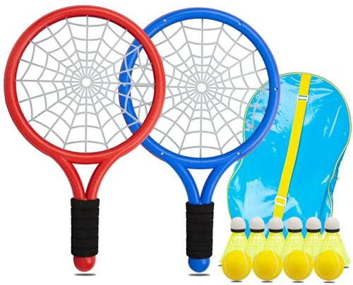 Nileatry Tennisschläger-Set Für Kinder,Enthält 2 Lustige Tennisschläger In Spinnennetzform,6 Badmintonbälle,4 Schwammbälle Und 1 Handtasche,Geeignet Für Kinder