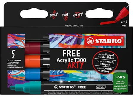 STABILO - Marcador acrílico - FREE Acrylic - T300 Punta redonda 2-3mm - Pack de 5 - URBAN - Colores surtidos