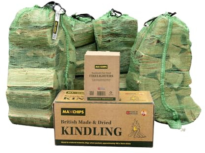 4 Nets of Kiln Dried Softwood Logs, 1 Box of Kiln Dried Kindling and 1 Box of Firelighters. Delivery Included.